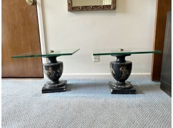 Pair Of Wooden Urn Form Glass Top End Tables - Resto Project