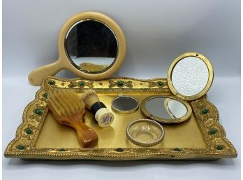 Vintage Wood Vanity Tray With Pure Bristle Brushes, Mirrors & More