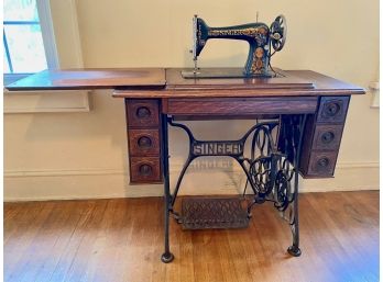 Cast Iron Base Singer Sewing Machine With Oak Cabinet