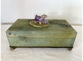 Vintage Chinese Carved Jade Trinket Box With Dog Finial