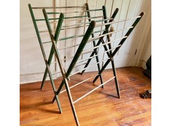 Antique Green Painted Wooden Laundry Drying Rack
