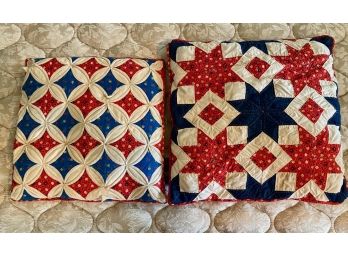 Two Quilted Pillows In Red, White & Blue