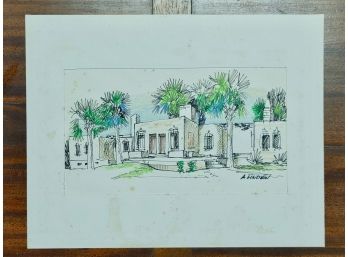 Ann Linden, Building With Palms, Color Chalk & Ink On Paper, Signed