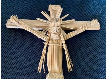 Straw Figure Of Christ Crucifixion Mounted On Wooden Cross