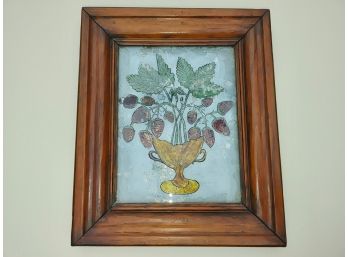 Antique Tinsel Foil Reverse Painting On Glass Of Strawberries
