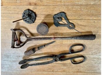 Vintage Mixed Metal Lot - Branding Iron, Fireplace Tongs, Order Spikes, Inkwell