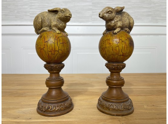Pair Of Bunny Motif Wooden Pedestal Bookends