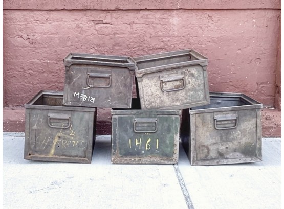 Set Of 5 Antique Galvanized Metal Boxes With Drop Handles