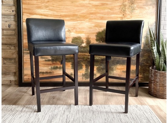 Pair Of Pottery Barn Black Leather Upholstered Counter Stools