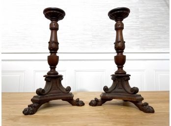 Pair Of Antique Chinese Architectural Inspired Wooden Clawfoot Candle Holders
