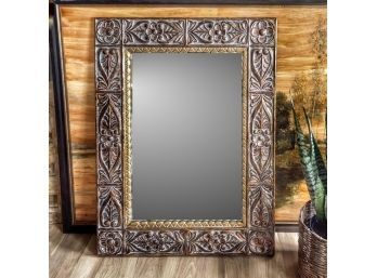 Decorative Floral Border Wall Mirror With Gold Leaf Accent