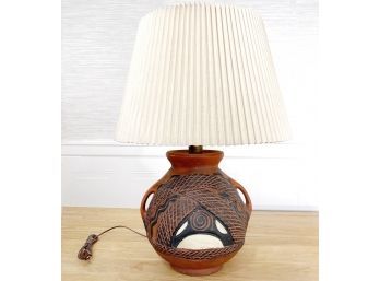 Hand Painted Ceramic Lamp With Pleated Fabric Shade