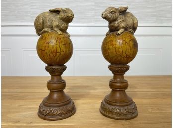 Pair Of Bunny Motif Wooden Pedestal Bookends