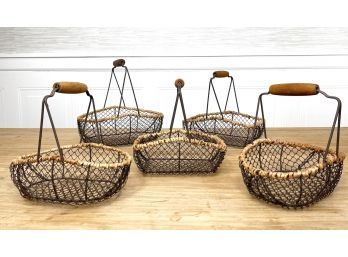 Set Of 5 Wire Mesh Gathering Baskets With Wooden Handles
