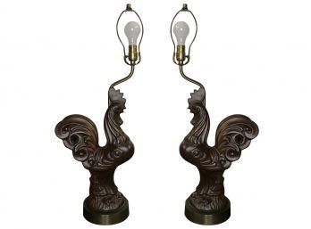 Vintage Rooster Lamps With Brass Base - A Pair