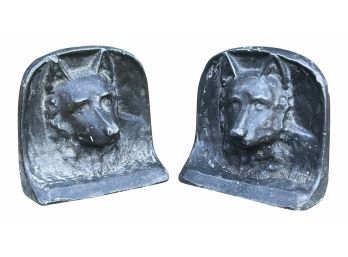 Antique Cast Iron Wolf Head Relief Bookends- A Pair