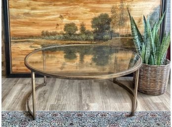 (1 Of 2) Large Mid-Century Modern Inspired Metallic Finish Glass Cocktail Table