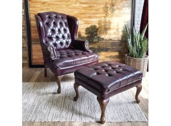 Burgundy Tufted Leather Upholstered Wingback Chair And Matching Ottoman