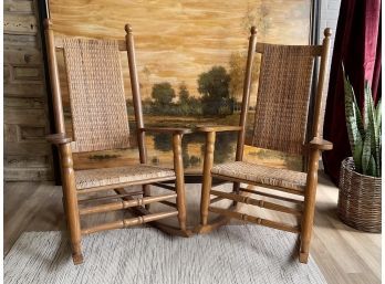 Pair Of Vintage Wooden Rockers With Woven Back And Seat