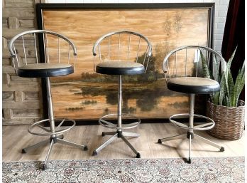 Set Of 3 Adjustable Kitchen / Bar Stools With Padded Vinyl Swivel Seat
