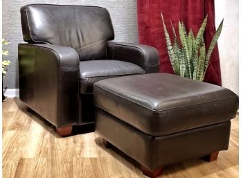 ABC Carpet Leather Upholstered Straight Arm Club Chair And Matching Ottoman