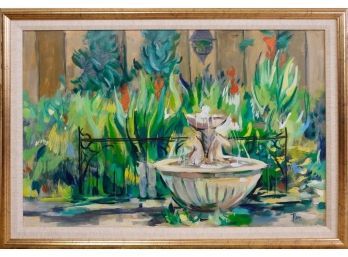 Stunning Original Painting, Garden & Fountain Scene, Signed By Artist