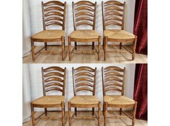 Set Of 6 Colonial Style Ladder Back Chairs With Rush Seats And Turned Spindle Legs