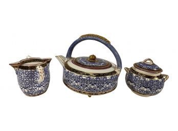 Circa 1878 Royal Worcester Lily Tea Pot, Creamer & Covered Supination Bowl Set- 3 Pieces