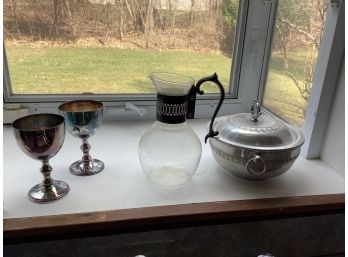 Mixed Lot Of Silver Plated Items, Cups, Glass Coffee Pot, Covered Bowl