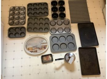 Mixed Lot Of Baking Pans, Sheet Pans, Trays, 1 Farberware Small Pot With Lid