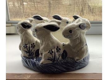 Unique Multiple Rabbits Form Circle For Planter Blue And White With Crackle Finish