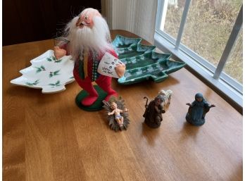 Mixed Lot Of Nativity Figurines, Larger Santa Figure, Christmas Tree Trays