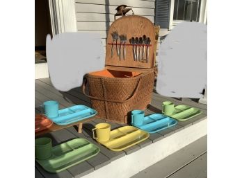 Picnic Basket With Utensils Trays And Cups Vintage Antique