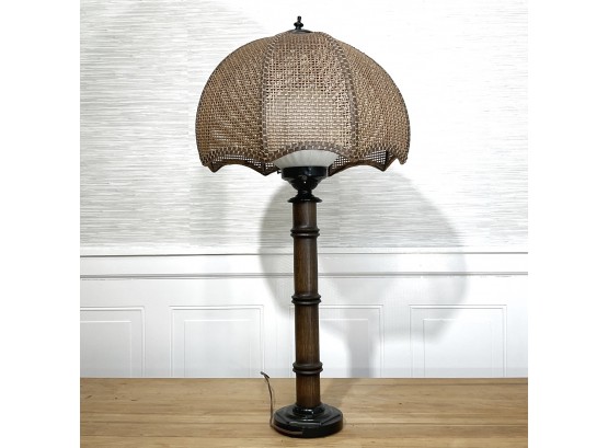 Vintage Inspired Faux Bamboo Table Lamp With Rattan Parasol Shade