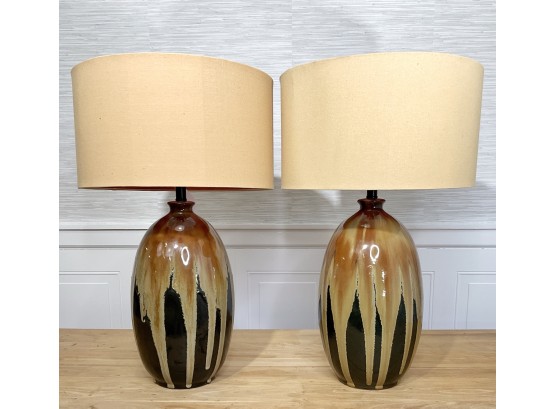 Beautiful Mid-century Vintage Inspired Ceramic Lamps Textured Drum Shade