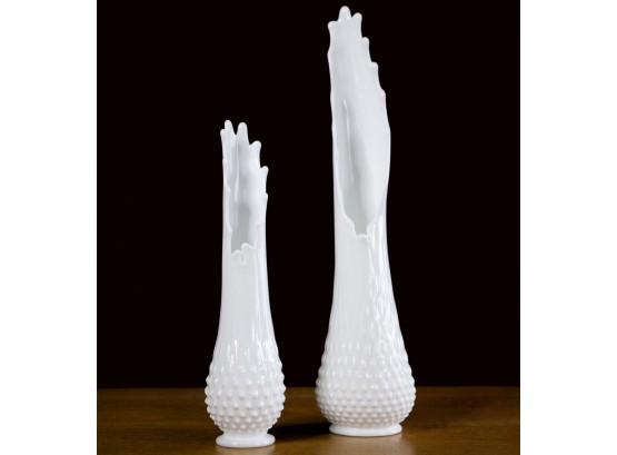 Vintage Fenton Hobnail Milk Glass Swung Vases - A Pair