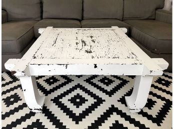 Asian Inspired Oversized Coffee Table In Distressed White Finish