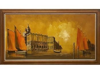 Vintage Oil Painting Of Sailboats In European Waterfront Harbor Scene