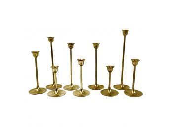 Mid-Century Brass Tapered Candle Holders - Set Of 9