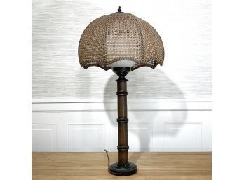 Vintage Inspired Faux Bamboo Table Lamp With Rattan Parasol Shade