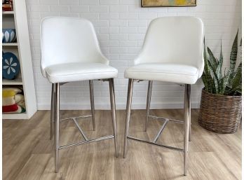 Pair Of White Vinyl And Chrome Mid-Century Modern Style Counter / Bar Stools