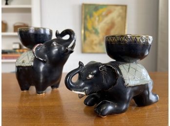 Pair Of Tibetan Inspired Ceramic Elephant Figurines