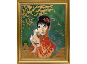 Framed Acrylic On Canvas - Asian Woman With Siamese Kitten