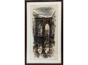 Vintage John Hayman Colored Sketch Framed Lithograph Print - Brooklyn Bridge