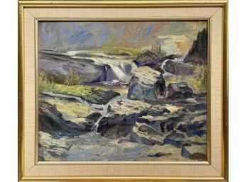 Framed Oil On Canvas Board - Rocks And Stream