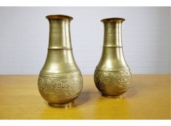 Vintage Etched Brass Vases - A Pair
