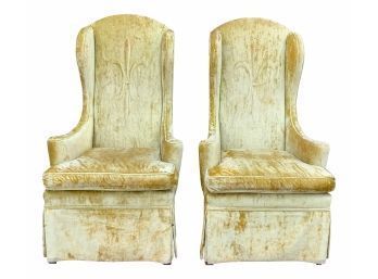 Vintage Crushed Velvet High Back Chairs With Arms - A Pair