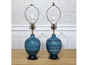 Pair Of Mid-century Modern Inspired Blue / Black Ceramic Urn Style Lamps - Base Only