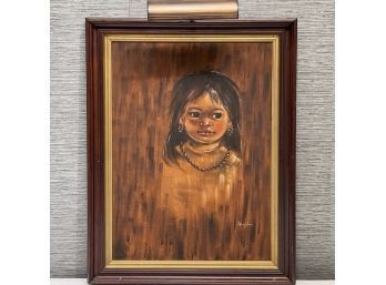 Vintage Judith Wright Oil On Canvas Board - Native Child Portrait