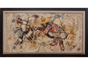 Large Mid-Century Modern Signed Painting, Farmer With Chicken